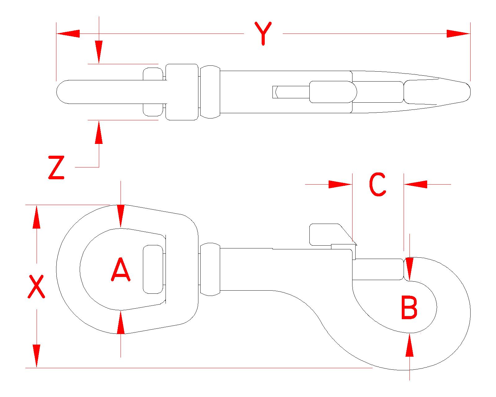 Stainless Steel Swivel Bolt Snap, S0176-0000, S0176-0001, S0176-0002, S0176-0003, S0176-0004, Line Drawing
